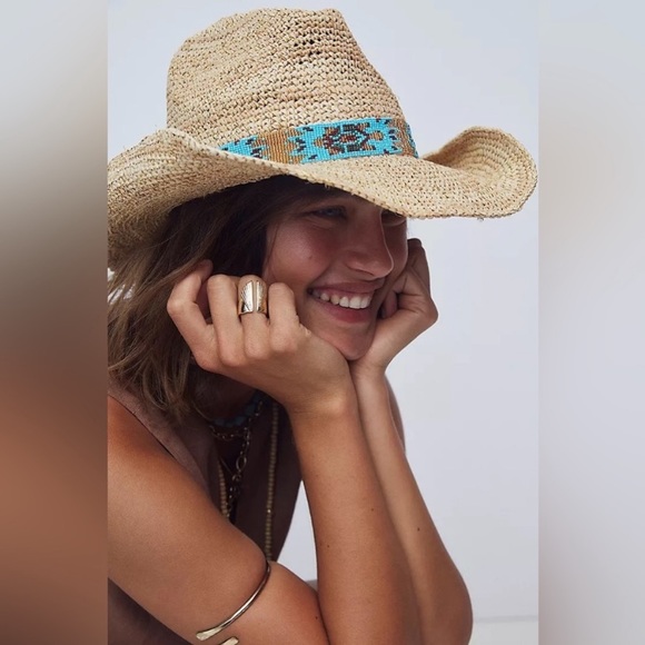 Nikki Beach Women's Natural Mazatlan Crochet Raffia Straw Western Hat - Picture 3 of 12